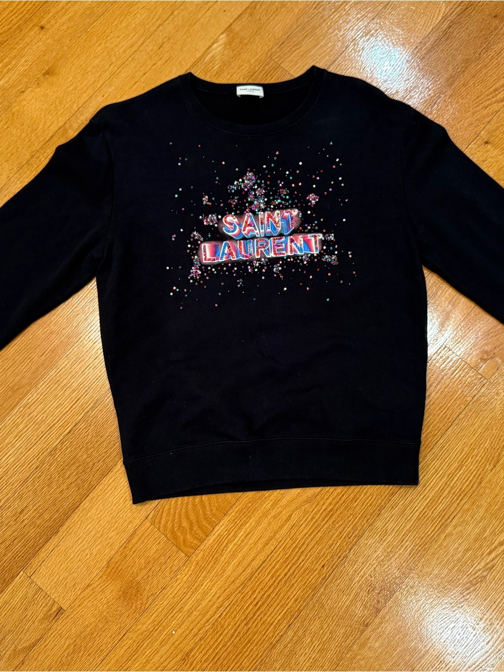 Saint Laurent Black Crewneck Sweater with Multicolor Embellished Logo.